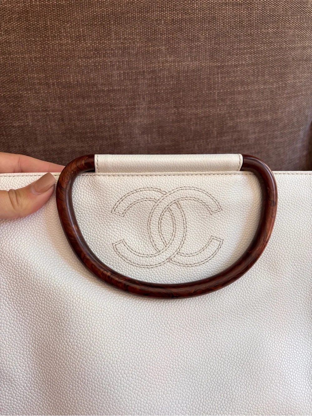 Authentic CHANEL white caviar leather wooden handles satchel bag